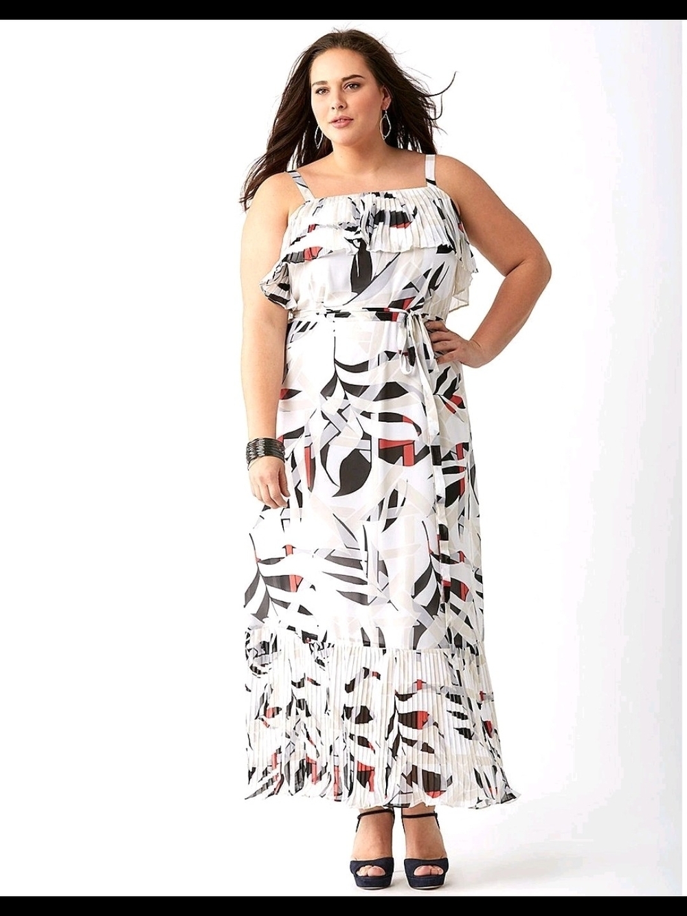 Lane Bryant White Abstract Print Plus Size Maxi Dress with Black & Red Accents